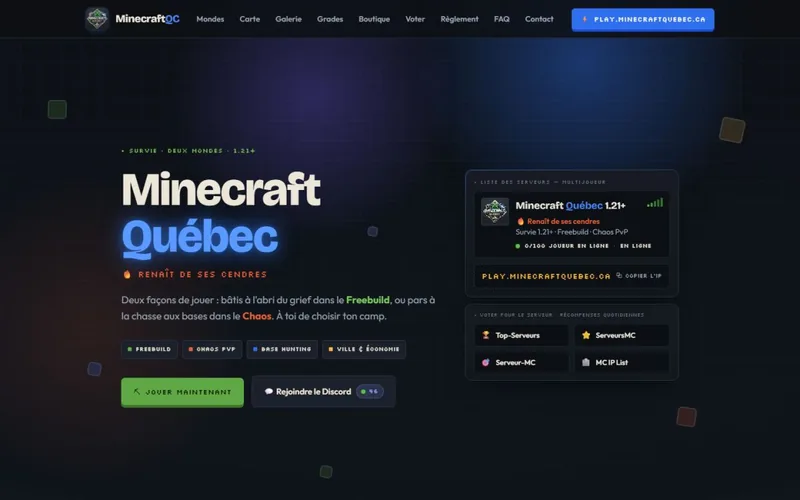 Le site de Minecraft Québec sur ordinateur