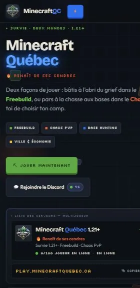 Le site de Minecraft Québec sur téléphone